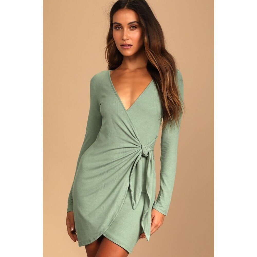 Lulus Every Lovely Day Sage Green Ribbed Long Sleeve Faux-wrap Dress - Size M